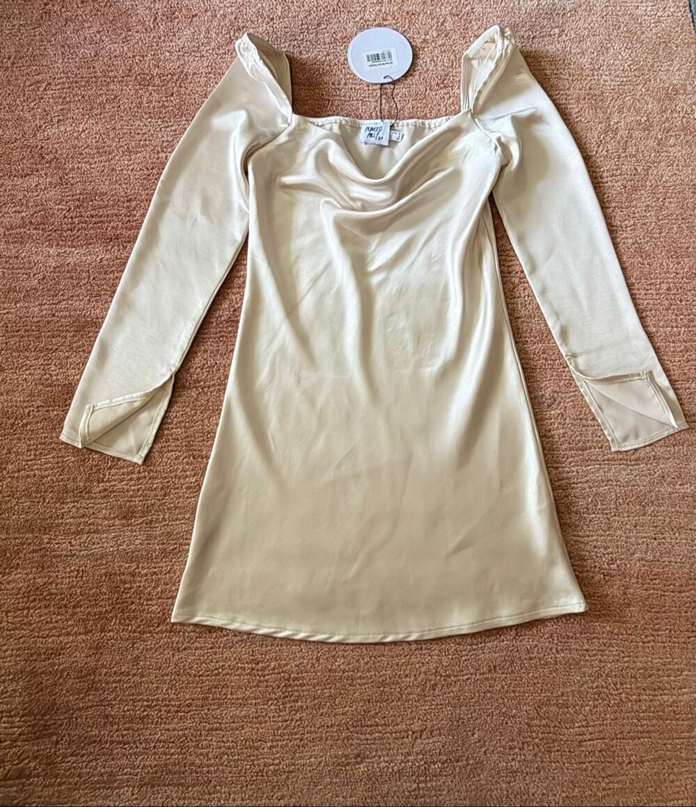 Princess Polly Star Power Mini Dress Size S Champagne Satin Cowl Neck NWT